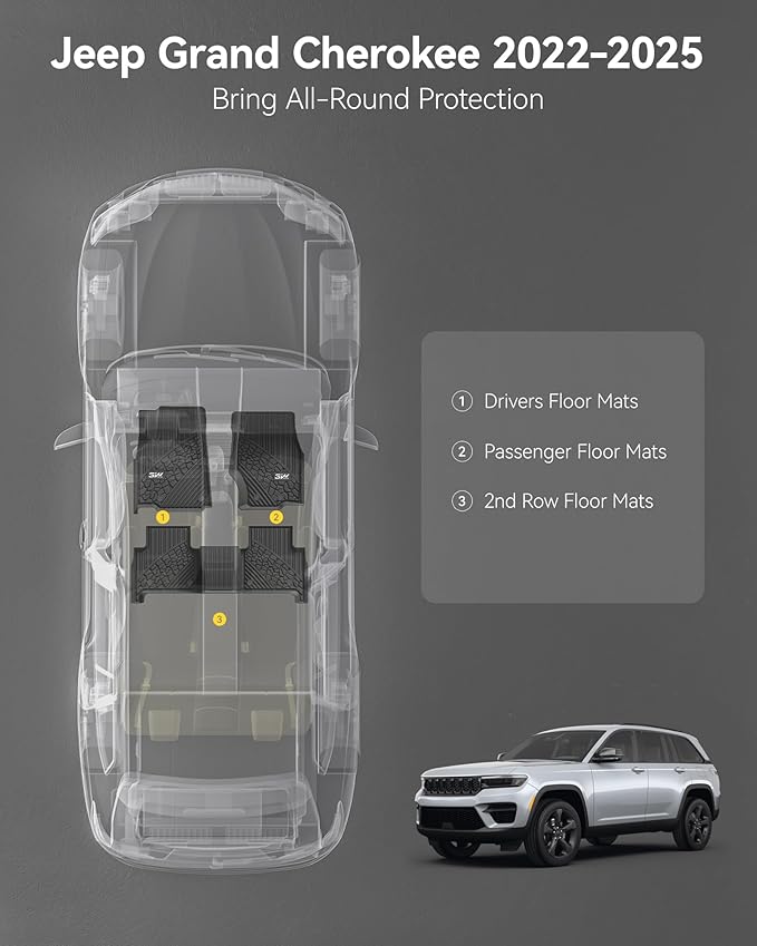 3W Floor Mats Fit for 2022-2025 Jeep Grand Cherokee (Non L or WK) TPE All Weather Custom Fit Floor Liner 1st and 2nd Row Full Set Car Mats, Black