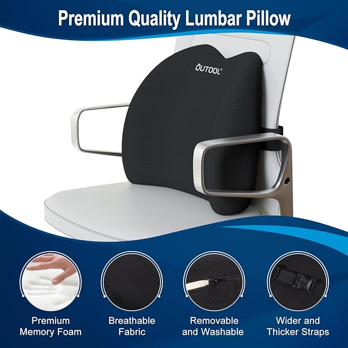 QUTOOL Lumbar Support Pillow for Office Chair, Memory Foam Low Back Support,Back Pain Relief, Ergonomic Back Cushion for Desk Chair,Gaming Chair,Adjustable Strap and Washable Cover