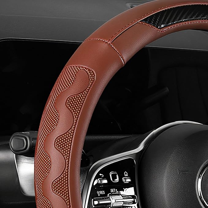 SEG Direct Car Steering Wheel Cover Medium Size 14 1/2"-15" Embossed Microfiber Leather with Carbon Fiber Pattern Brown