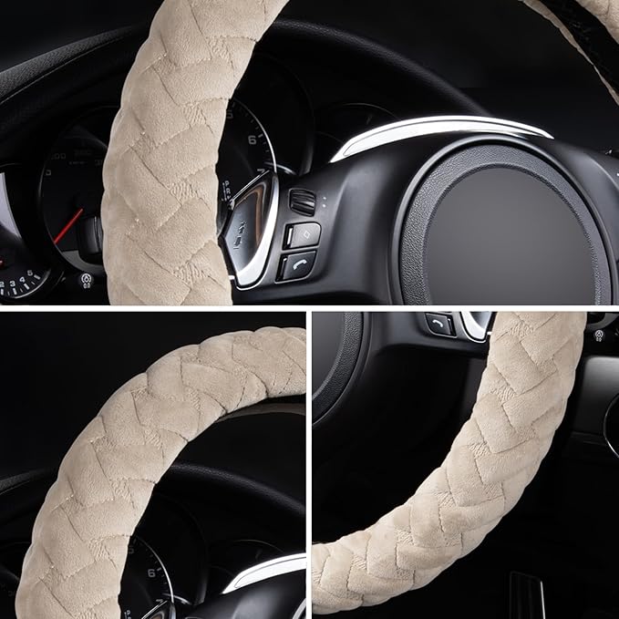 Flying Banner car Steering Wheel Cover Massage Velvet Warm Universal Size 15 inches SUV Truck Anti Slip Odorless Summer Winter (Beige, Velvet Massage)