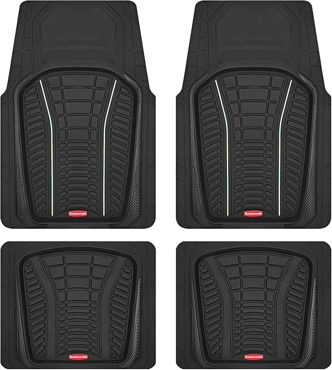 Rubbermaid Car Floor Mats Full Set – Premium All-Weather Car Mat with Brushed Aluminum Inserts, Universal Trim-to-Fit Design, Anti-Slip Backing for Cars, SUVs, Trucks, and Vans