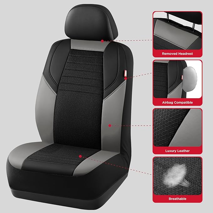 Rubbermaid Car Seat Cover, Leather & Air-Cool Mesh Front Seat Cover, Airbag Compatible, Slip-On Installation, Automotive Seat Cover Universal Fit for Most Cars, Trucks, SUVs-Gray