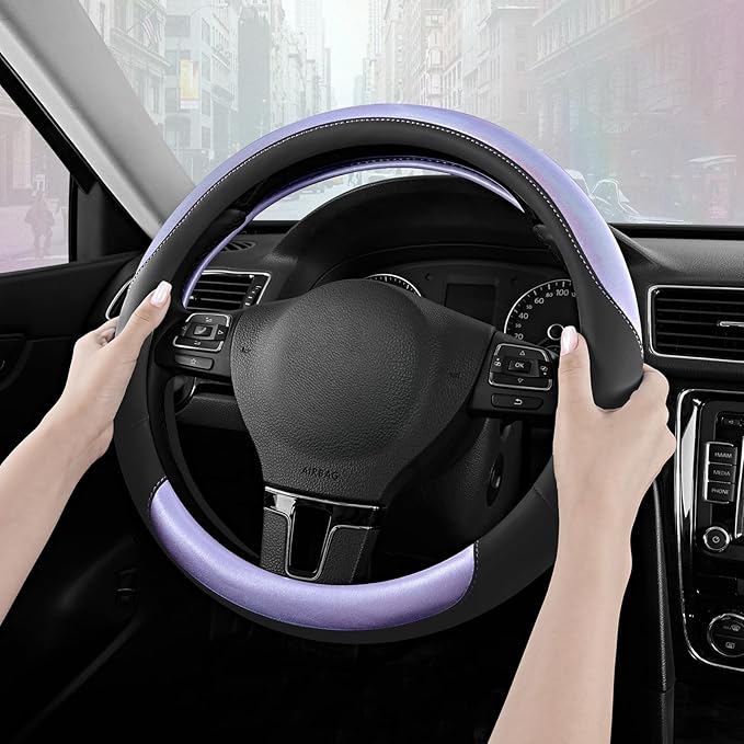 Road Comforts Steering Wheel Cover – Breathable Leather Steering Wheel Cover, Anti-Slip Grip, Universal Fit 14.5” to 15”, Heat & Cold Resistant for Cars, SUVs, and Trucks – Black & Shining Purple