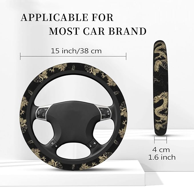 Golden Dragon Steering Wheel Cover for Men, Anti-Slip Elastic Breathable Soft Rubber Car Steering Wheel Protective Cover, Universal 15 Inch Fit for Cars, Auto, SUVs