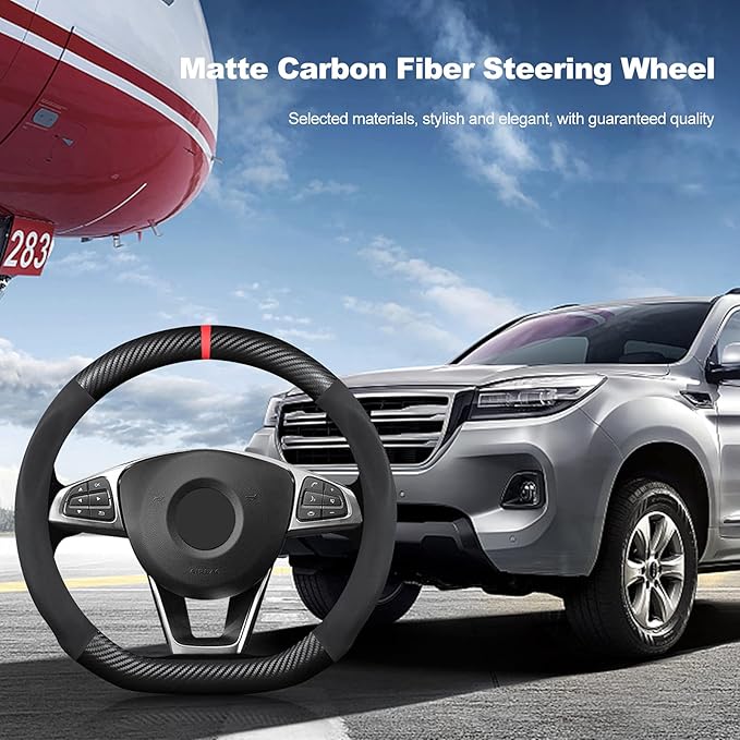 Ergocar D-Shaped Carbon Fiber & Microfiber PU Leather Steering Wheel Cover Anti-Slip Car Steering Wheel Protector Breathable Sweat Absorbent Sport for Diameter 38cm（15"）-Black Red