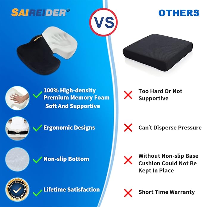 SAIREIDER Office Chair Cushion, Car Seat Cushion, Memory Foam Coccyx Cushion Pads for Tailbone Pain, Sciatica Relief Pillow, Correct Sitting Posture (Black)