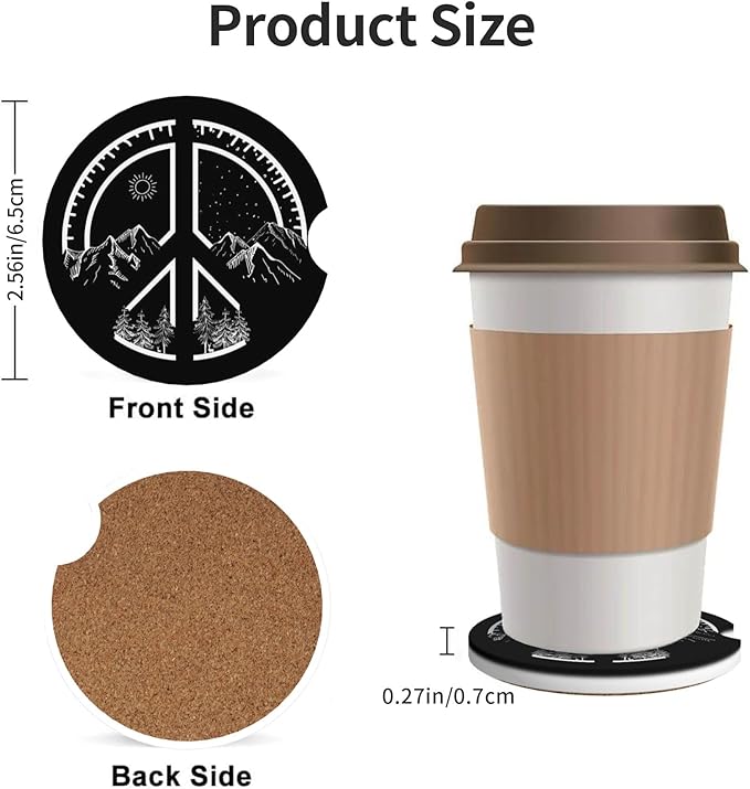 Absorbent Car Coasters for Cup Holders, 2 Pack Universal Anti Slip Ceramic Cup Coaster for Women Men 2.56 Inch Car Interior Accessories - Peace Mountain 017
