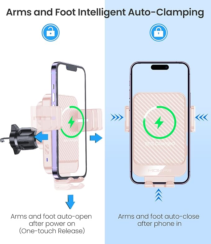 Wireless Car Charger, MOKPR 15W Fast Charging Auto-Clamping Car Mount Hands-Free Car Charger Mount for Dash Windshield Air Vent Compatible with iPhone 16 15/14/13/12, Samsung S23/S22/S21 Pink