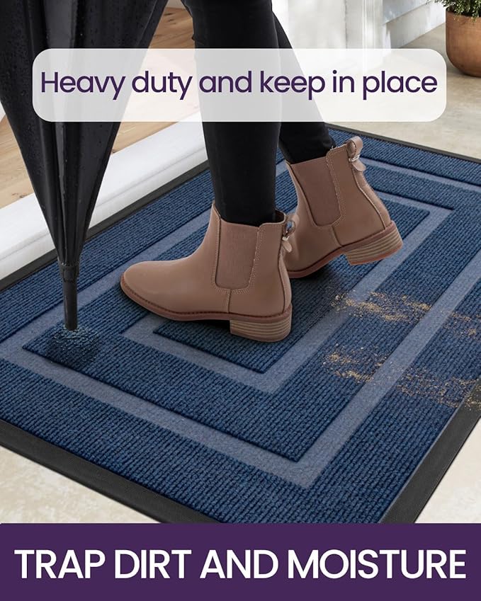 DEXI Front Door Mat Outside Entrance, Heavy Duty Rubber Backed Doormat, Stain and Fade Resistant, Low-Profile Easy Clean Entryway Floor Mats, 4x2, Rectangles Navy