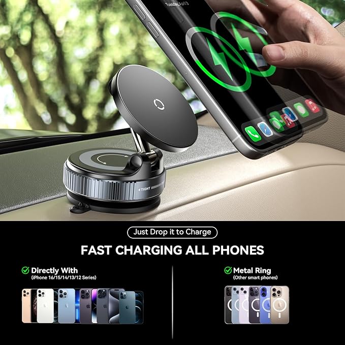 15W Fast Charging Magnetic Car Phone Holder [New Elastic Vacuum Suction Cup] 360° Adjustable Wireless Charger Car Mount for MagSafe iPhone 17 Pro Max 17 Pro 16 15 14 13 12