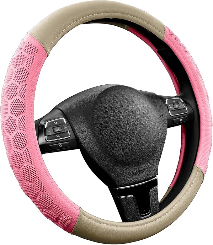 PIC AUTO Massage Steering Wheel Cover, Pink Football Pattern Material Spliced & Beige Leather Car Steering Wheel Cover, Car Steering Cover, Universal Fit 14.5"-15.5" for Cars, Trucks, Van, SUVs