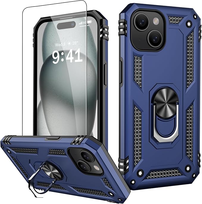 IKAZZ for iPhone 14 Plus Case 6.7 Inch with Screen Protector,Military Grade Shockproof Heavy Duty Protective Phone Cover Pass 16ft Drop Test with Magnetic Kickstand Car Mount Holder,Blue