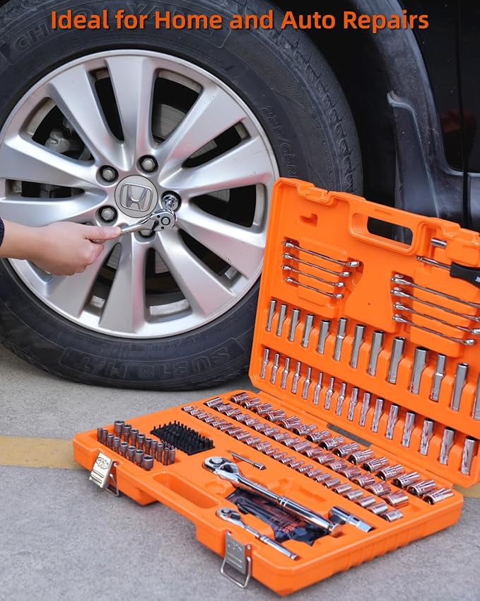 201-Piece Mechanics Tools Set, SAE & Metric Impact Socket Set, 1/2'', 1/4'', 3/8'' Drive, with Ratchet Wrench & Extension, Premium CRV Alloy Steel, with Molded Case