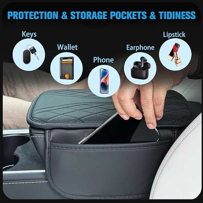 Upgraded Car Center Console Cover Microfiber Leather Armrest Cover Cushion with 2 Storage Bags&Universal Car Armrest Storage Box Universal Car Interior Accessory (2 Pockets, Black)