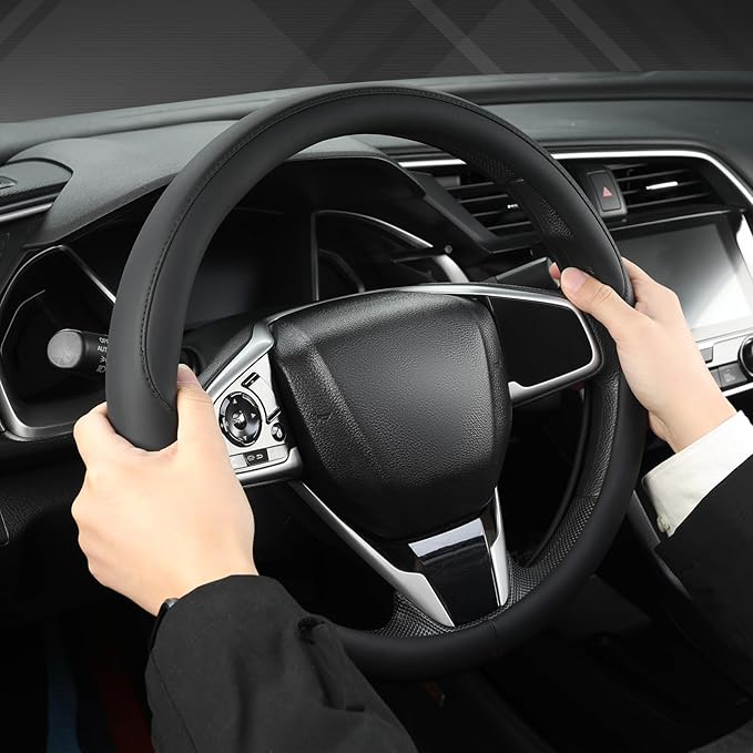 West Llama Thin Car Steering Wheel Cover, Universal 14.5-15 inch Nappa Leather Steering Wheel Cover, Ultra Thin, Anti-Slip, Breathable(Black-Standard Size)