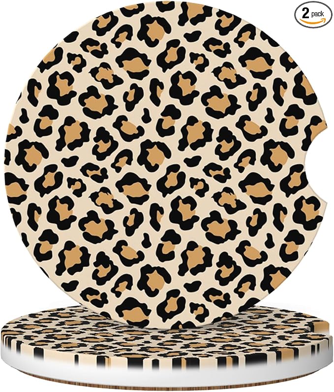 Absorbent Car Coasters for Cup Holders, 2 Pack Universal Anti Slip Ceramic Cup Coaster for Women Men 2.56 Inch Car Interior Accessories - Vintage Brown Leopard 002