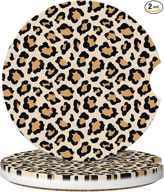 Absorbent Car Coasters for Cup Holders, 2 Pack Universal Anti Slip Ceramic Cup Coaster for Women Men 2.56 Inch Car Interior Accessories - Vintage Brown Leopard 002
