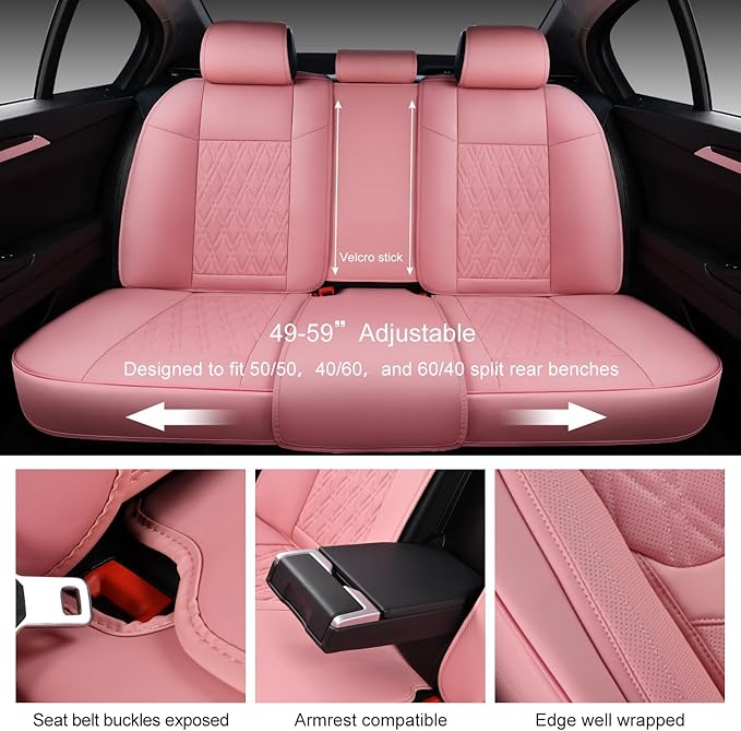 Pink Car Seat Covers Full Set, Breathable Leather Automotive Front and Rear Seat Covers & Headrest, Universal Automotive Vehicle Seat Cover for Most Sedan SUV Pick-up Trucks