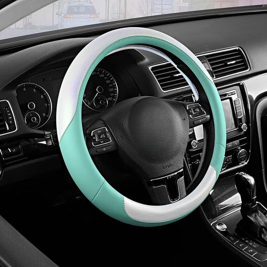 Road Comforts Steering Wheel Cover – Breathable Leather Steering Wheel Cover, Anti-Slip Grip, Universal Fit 14.5” to 15”, Heat & Cold Resistant for Cars, SUVs, and Trucks –Shining White & Mint