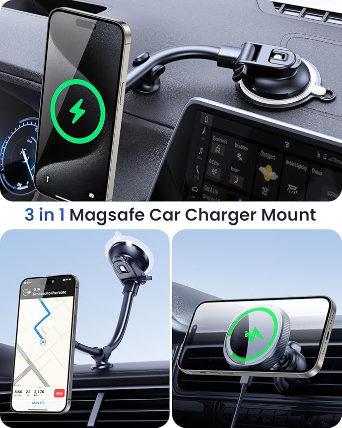 OQTIQ for MagSafe Car Charger, Magnetic Wireless Car Charger Compatible with iPhone 17 16 15 14 13 12 Series, 15W Fast Charging Car Phone Mount for Windshield Dashboard Air Vent [with PD 30W Adaptor]