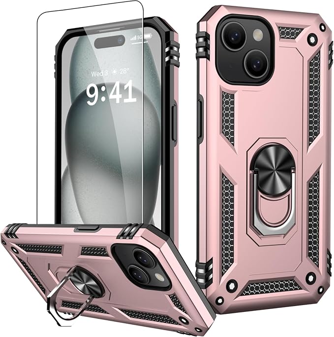 IKAZZ for iPhone 14 Plus Case 6.7 Inch with Screen Protector,Military Grade Shockproof Heavy Duty Protective Phone Cover Pass 16ft Drop Test with Magnetic Kickstand Car Mount Holder,Rose Gold