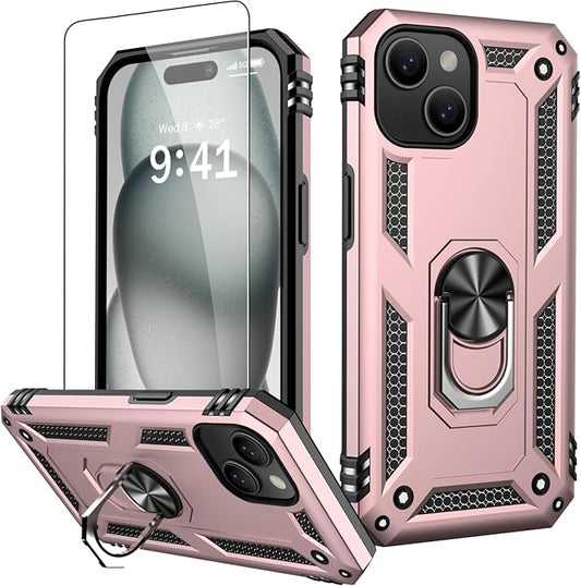 IKAZZ for iPhone 13 Case 6.1 Inch with Screen Protector,Military Grade Shockproof Heavy Duty Protective Phone Cover Pass 16ft Drop Test with Magnetic Kickstand Car Mount Holder,Rose Gold