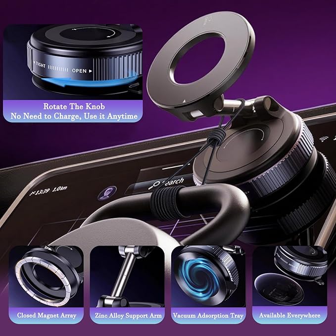 Upgraded 360° Vacuum Magnetic Suction Cup Phone Holder, Foldable and Reinforced Ultra Suction Cup Phone Mount, Compatible with All Smartphones for Car/Gym/Mirror/Smooth Surface (Black)