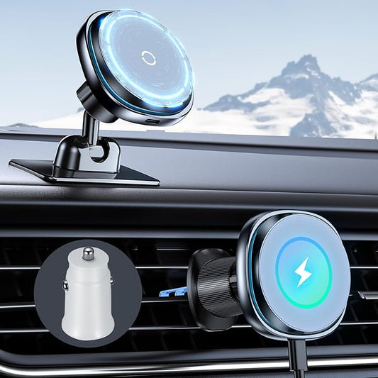 This Hill 15W Fast Magnetic Car Phone Mount - 2-in-1 Dashboard/Air Vent Mount with 360° Rotation & Secure Double Hook Clip, Includes QC 3.0 Adapter, Compatible with MagSafe Case,iPhone,Samsung,Google