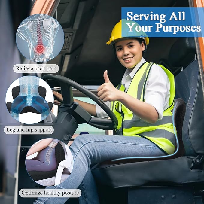 Seat Cushion for Truck Driver, Memory Foam Truck Seat Cushion with Adjustable Strap – Ergonomic Back Support & Sciatica Relief for Long Drives, Semi Truck Accessories