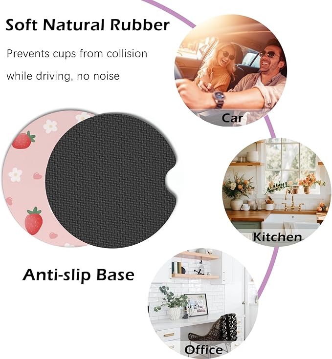 2 Pcs Car Cup Coasters, Cute Strawberry Universal Non-Slip Rubber Car Coasters for Cup Holders 2.75 inch, Car Interior Accessories for Women