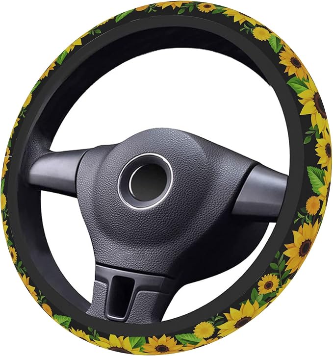 Steering Wheel Cover, Sunflowers Steering Wheel Cover for Women Men Anti-Slip Breathable and Sweat Absorption Universal 15 Inch Steering Wheel Protector Sunflowers Car Accessories