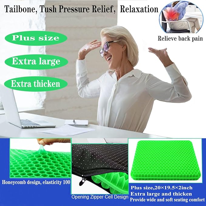 Plus Size Gel Seat Cushion, Extra Large and Thick, Seat Cushion for Pressure Relief for Back, Hip, Sciatica, Tailbone Pain, Used for Office, Wheelchair, Car, Truck, Recliner, Stadium.(Green)