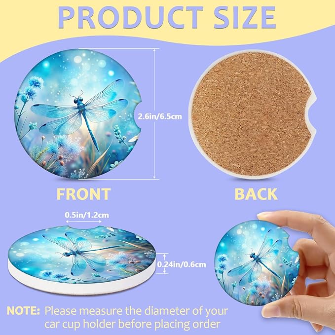 2 Pack Car Cup Holder Coaster-Blue Dragonfly Absorbent Ceramic Coaster,Car Coasters for Cup Holders,Auto Accessories for Women & Men