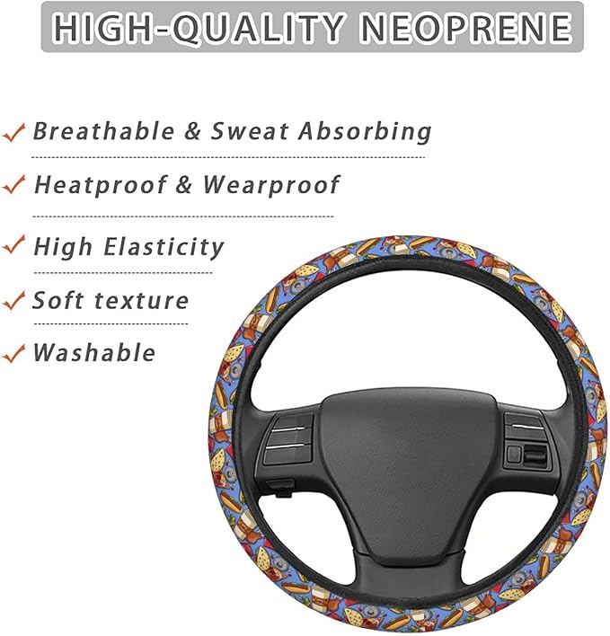 Dujiea Fast Food Hamburger Pizza Cola Elastic Stretch Steering Wheel Cover, Anti-Slip and Durable Car Steering Wheel Accessories for Women Men, 15 Inch Universal Fit Car, Truck, SUV