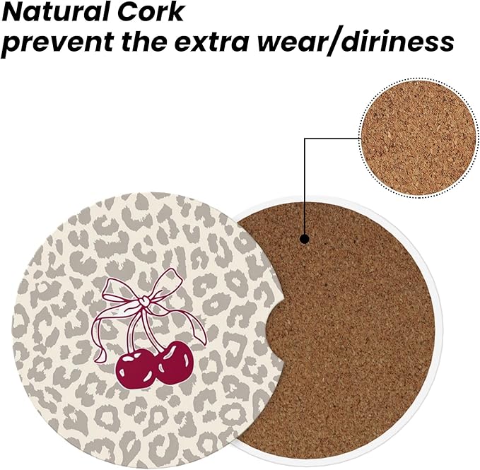 Absorbent Car Coasters for Cup Holders, 2 Pack Universal Anti Slip Ceramic Cup Coaster for Women Men 2.56 Inch Car Interior Accessories - Bow Tie Cherry Leopard 008