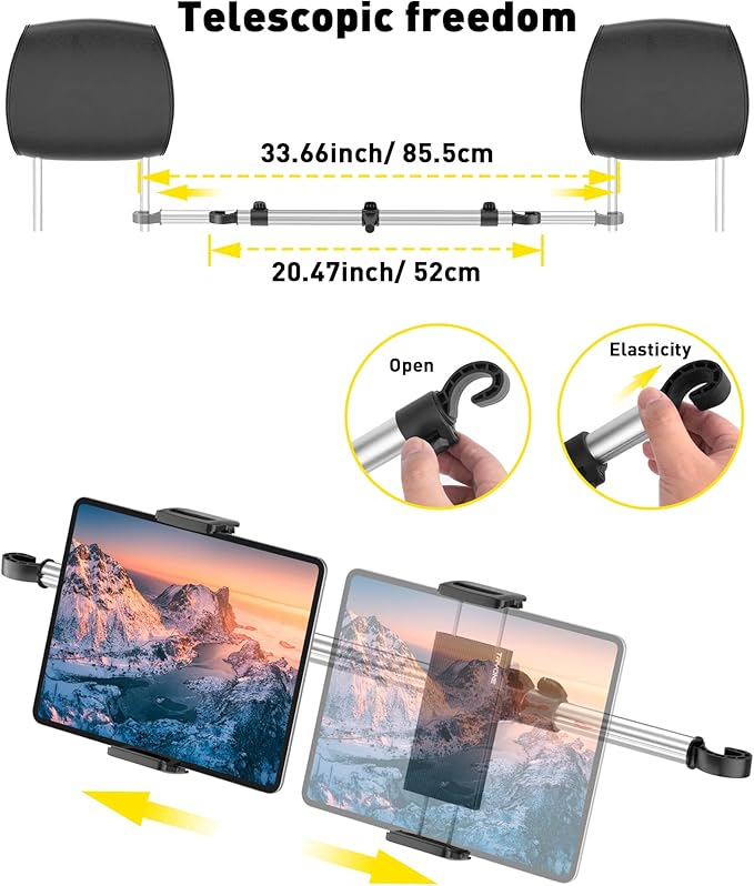 Tryone Car Tablet Holder Mount for iPad: Headrest Tablet Stand for Car Back Seat Compatible with iPad Pro Air Mini | Galaxy Tab | Kindle Fire HD | Switch OLED or Other 4.7-16.1" Devices