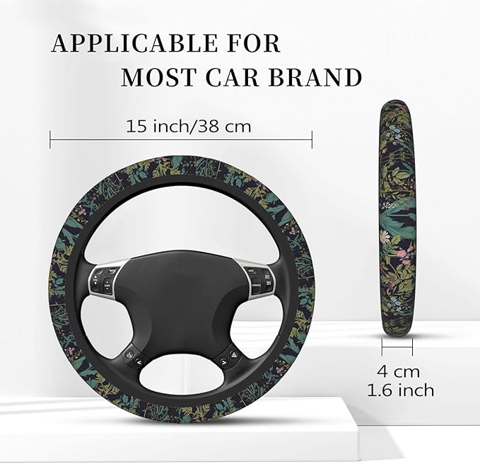 Vintage Daisy Leaves Flowers Steering Wheel Cover for Women, Anti-Slip Elastic Breathable Soft Rubber Car Steering Wheel Protective Cover, Universal 15 Inch Fit for Cars, Auto, SUVs