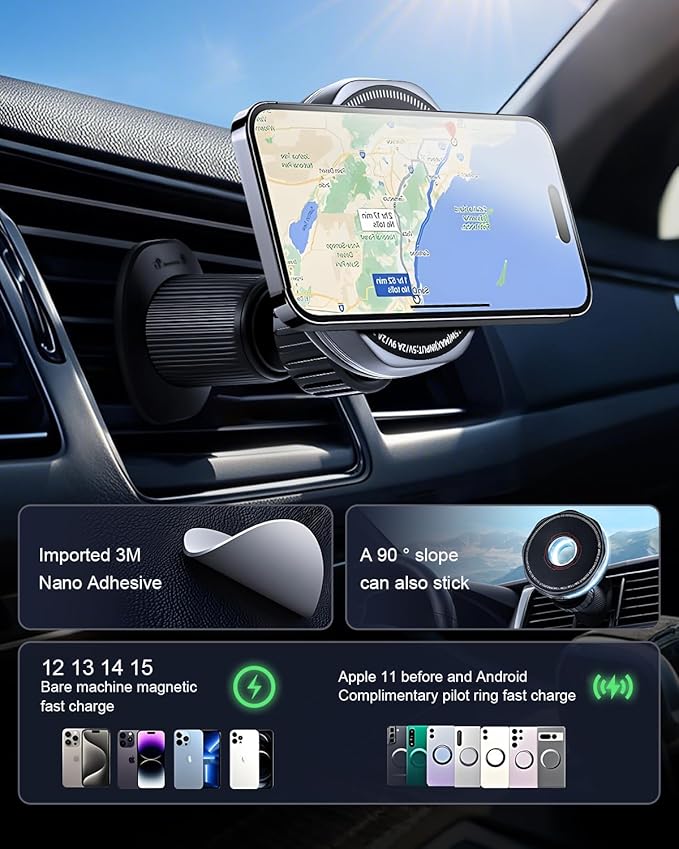 Wireless Car Charger 15W Cell Phone Car Mount, Dashboard/Vent Magnetic Mount for iPhone 16 Pro Max 15 14 13 & Samsung/Android, 360° Rotation Car Phone Holder