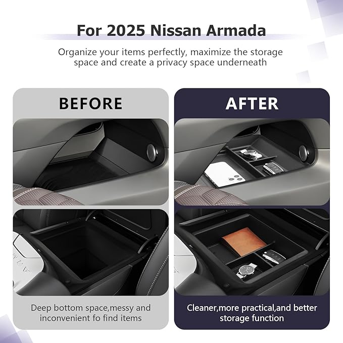 LUWU 2026 Armada Center Console Organizer Tray Compatible with 2025 2026 Nissan Armada Accessories 2025 2026 Armada SV/SL/Platinum Armrest Console Organizer Armrest Organizer Insert Tray Black 2-Pack