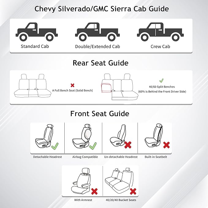 Huidasource Silverado Seat Covers Front Back Leather Seat Accessories Fit for Chevy Silverado GMC Sierra 1500 2007-2013&2019-2025, 2500HD 3500HD 2020-2025 Crew Double Cab(Full Set/Black&White)