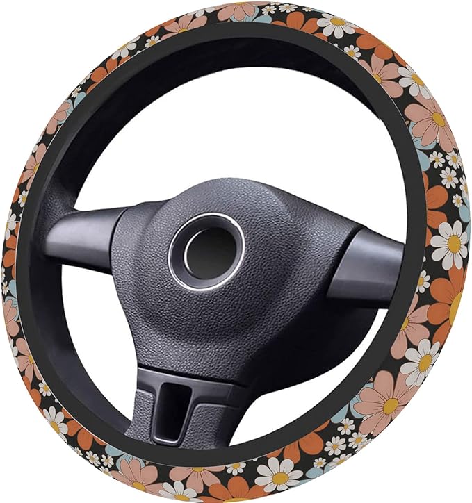 Steering Wheel Cover, Retro Flower Daisy Steering Wheel Cover for Women Men Anti-Slip Breathable and Sweat Absorption Universal 15 Inch Steering Wheel Protector Daisy Car Accessories