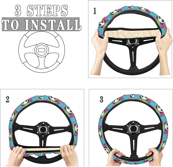 Rainbow Cartoon Cute Panda Steering Wheel Covers Anti-Slip Elasticity Car Accessories Steering Wheel Protector Universal 15 Inch for Cars SUV Vehicle Truck