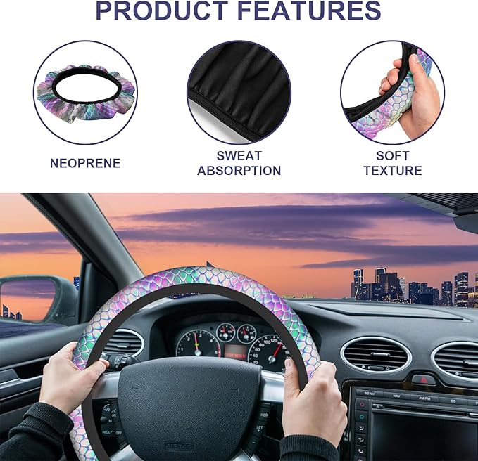 Sea Animal Skin Steering Wheel Cover Women Men Rainbow Mermaid Dragon Skin Steering Wheel Covers Men Women Steering Wheel Cover Universal Steering Wheel Covers Car Accessories