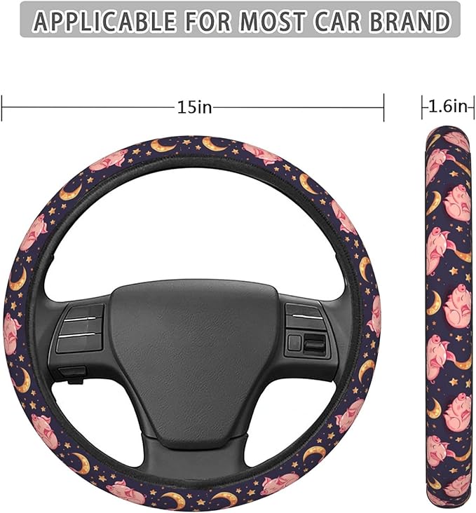 Sleeping Cut Pig Moon Steering Wheel Covers Anti-Slip Elasticity Car Accessories Steering Wheel Protector Universal 15 Inch for Cars SUV Vehicle Truck