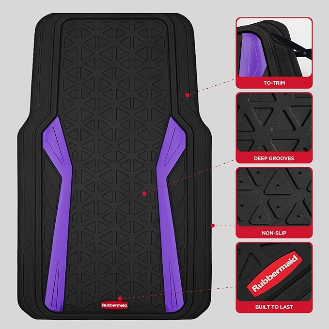 Rubbermaid Car Floor Mats Full Set,Premium Heavy Duty All-Weather Car Mats– Rugged Rubber with Brushed Aluminum Inserts, Universal Trim-to-Fit, Anti-Slip Backing for Cars, SUVs, Trucks & Vans - Purple