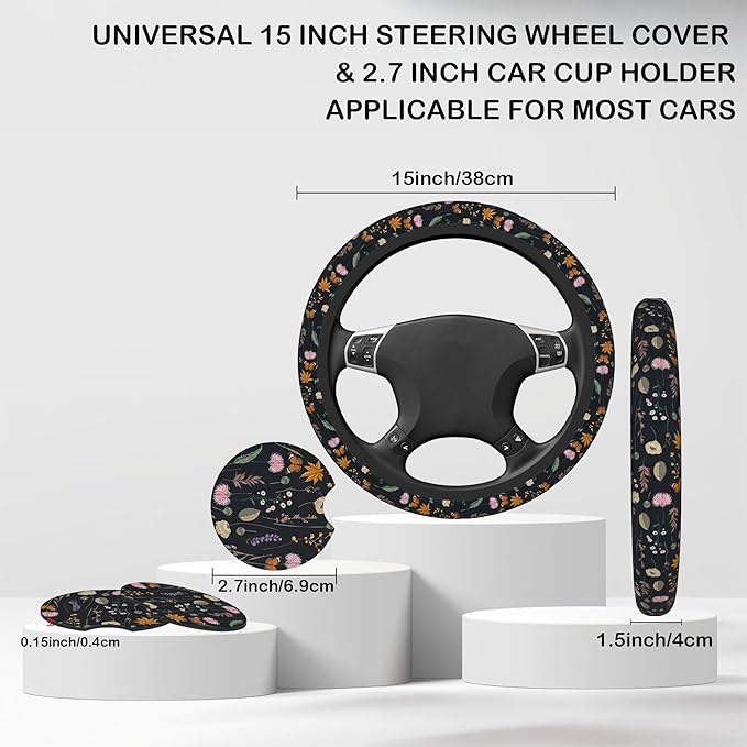 Wildflowers and Butterflies Steering Wheel Cover for Women, Anti-Slip Car Steering Wheel Cover with 2 Pcs Cup Holders Neoprene Breathable Car Accessories Universal 15 Inch Auto Interior Decor