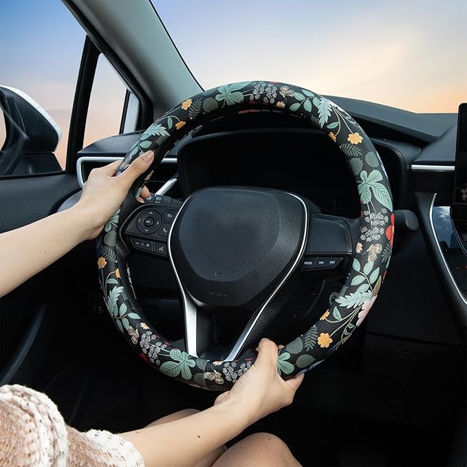 Flowers and Strawberries Steering Wheel Cover Auto Leather Steering Wheel Protector, Anti-Slip, Breathable, Absorbing Sweat, Universal Car Accessories 14.5–15 inch,Fit for Most Car, Trucks, SUV