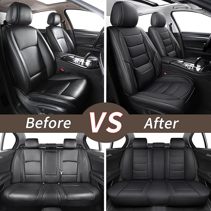 Leather Car Seat Covers Full Set Breathable Automotive Seat Covers Waterproof Seat Protectors Universal Fit for Most Automotive Cars SUV Trucks(Black, Full Set)