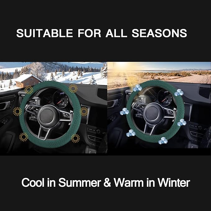 Suede Steering Wheel Cover with Upgraded Silicone Inner Ring, Breathable, Anti-Slip, Leather Universal 14.5 to 15 Inch Steering Wheel Cover (Green with Handwoven Craft)