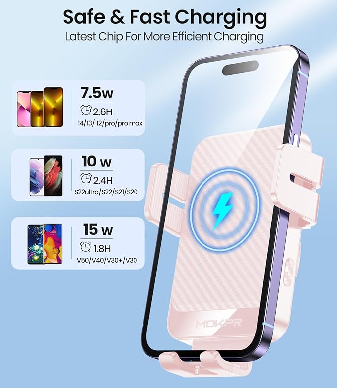 Wireless Car Charger, MOKPR 15W Fast Charging Auto-Clamping Car Mount Hands-Free Car Charger Mount for Dash Windshield Air Vent Compatible with iPhone 16 15/14/13/12, Samsung S23/S22/S21 Pink